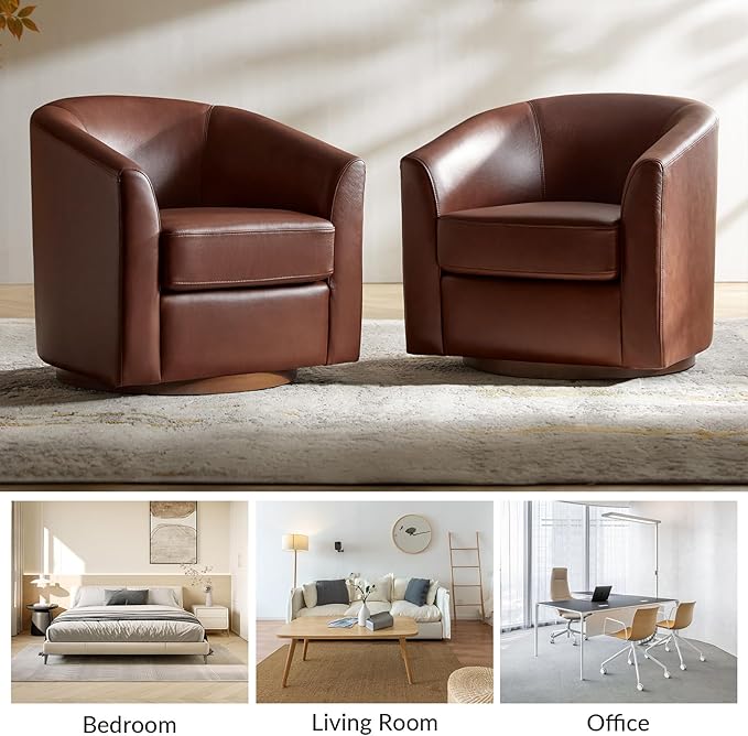 HULALA HOME Genuine Leather Swivel Accent Chairs Set of 2 with Solid Wood Base, Round Swivel Barrel Chairs for Living Room and Bedroom, Brown