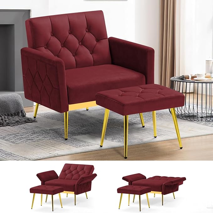ACMEASE Velvet Accent Chair w/Adjustable Armrests and Backrests, Tufted Single Sofa with Ottoman, Upholstered Reading Chiar for Living Room, Apartment, Bedroom, Red