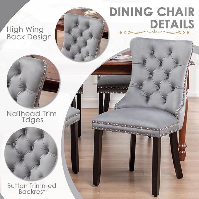 Kiztir Velvet Dining Chairs Set of 2, Upholstered Dining Chairs with Ring Pull Trim and Button Back, Luxury Tufted Dining Chair for Living Room, Bedroom, Kitchen (Gray)