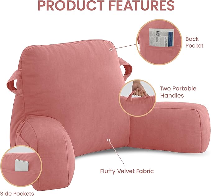 Unisakey Portable Comfy Reading Pillows for Bed Sitting Up(Dark Pink Oeko-Tex), Velvet Back Pillow with Arms & Pockets for Adults, Support Memory Foam Bed Pillow for Dorm/Reading/Watching/Gaming
