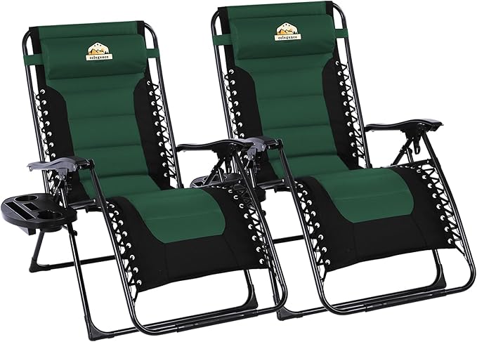 Colegence Oversized Padded Zero Gravity Lounge Chair Set of 2, Foldable Patio Anti Gravity Reclining Chairs Folding Lawn Recliner with Cup Holder for Yard, Camping, Outdoor, Support 350 LBS, Green