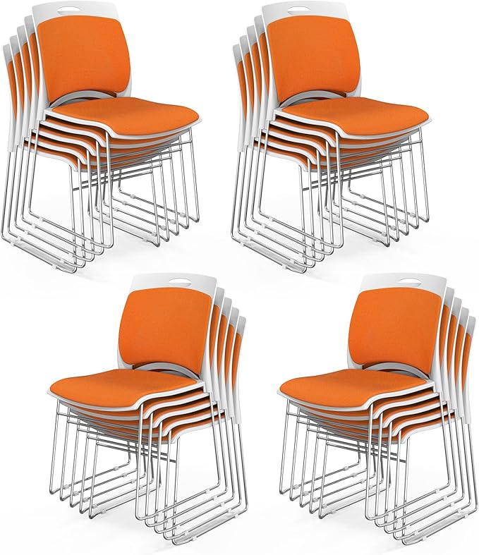 VINGLI Stackable Chairs Set of 20, Stacking Office Chairs with Metal Sled Base, Ergonomic Plastic Padded Seat & Back, Capacity 350lbs, Stacking Chairs for Waiting Room Break Room Banquet Guest, Orange