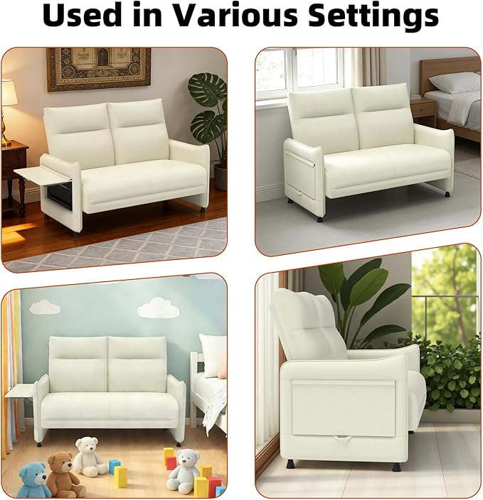 Faux Leather Loveseat, Upholstered Loveseat with Hidden Foldable Tray & Side Pocket, Front Contour Arm Design, Modern 2-Seater Sofa Couch for Compact Spaces, Beige