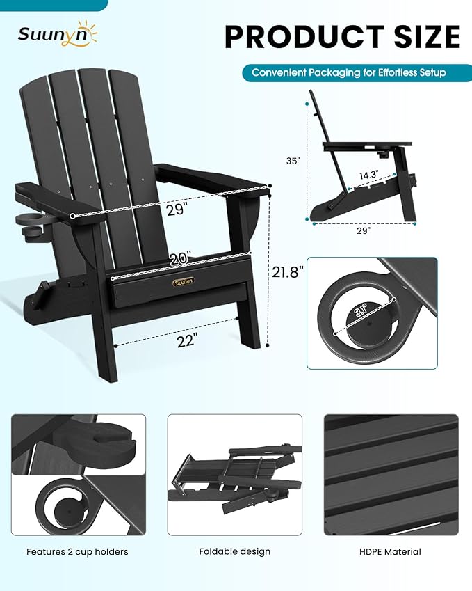 Folding Adirondack Chair 2 Pack, HDPE All-Weather Fire Pit Chairs, Plastic Adirondack Chairs with 2 Cup Holder, Outdoor Lawn Chair for Patio Garden (Black)