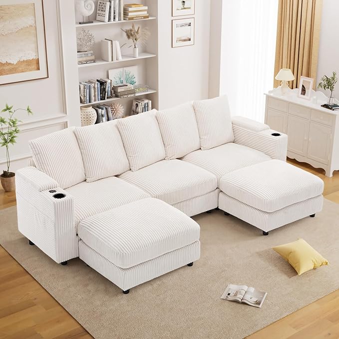 110" W x 60" D U Shape Sectional Sofa with USB Charging & Cup Holder & Storage, 5 Seater Plush Corduroy Couches with Movable Ottoman, Cloud Couch Sofas for Living Room, DIY Combination - Beige White