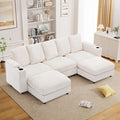 110" W x 60" D U Shape Sectional Sofa with USB Charging & Cup Holder & Storage, 5 Seater Plush Corduroy Couches with Movable Ottoman, Cloud Couch Sofas for Living Room, DIY Combination - Beige White