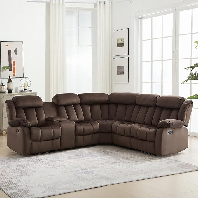 EBELLO Manual Reclining L-Shaped Sectional Sofa Set, Soft Fabric Corner Couch with Center Console, Cup Holders and Storage – Perfect Living Room Home Set Furniture