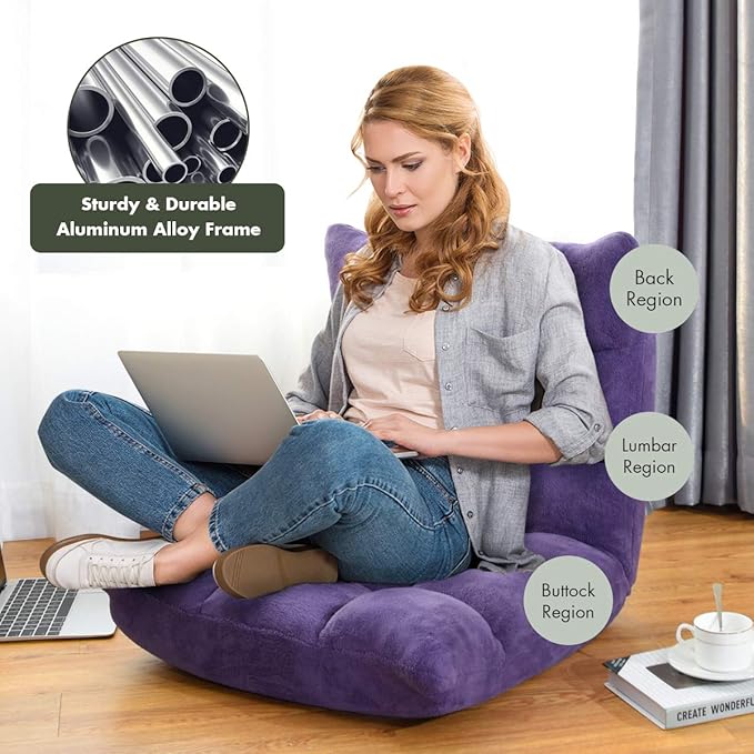 S AFSTAR Cushioned Floor Chair, 14-Position Adjustable Padded Lazy Recliner with Comfortable Back Support and Skin-Friendly Cover, Great for Reading, Playing Game, Meditating (Tender Violet)