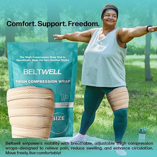 Beltwell®️ Thigh Wrap for Swollen Legs, Lymphedema, Varicose Veins, Lipedema, Edema, Circulation, Heaviness, Post-Surgery & Blood Clots – Muscle Recovery, Pain Relief, Circulation & Mobility – Adjustable Support for Men & Women