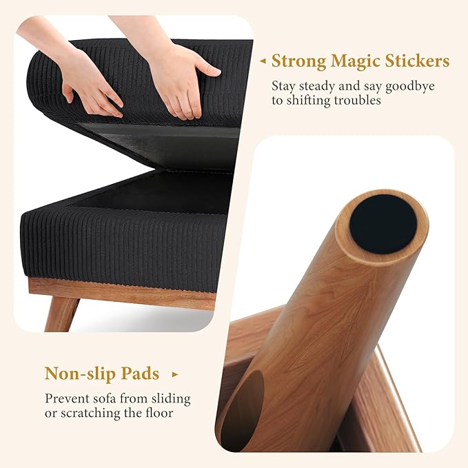 Vesgantti Large Ottoman for Modular Sofa, 29.5" Corduroy Ottoman with Spring Cushion, Rectangle Foot Rest for Couch, Entrance Footstool with Wood Legs, Footstool for Living Room, Bedroom, Black