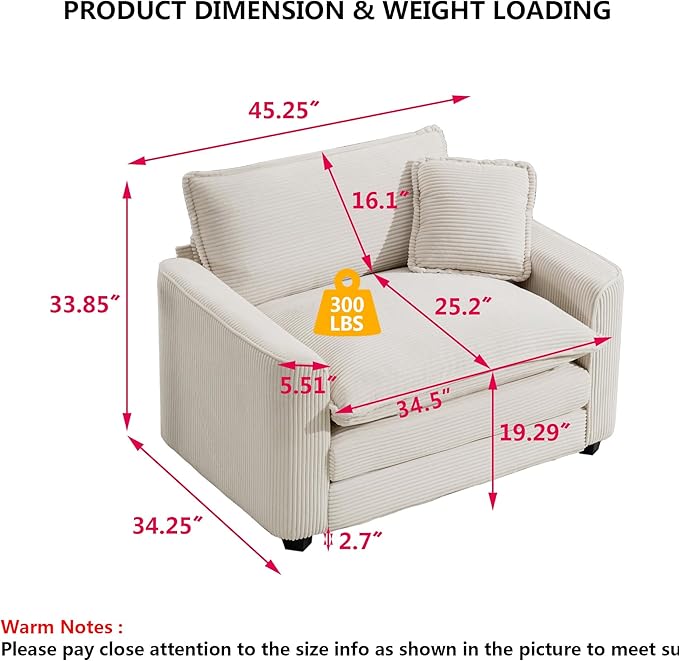 Aoowow Corduroy Large Armchair,Modern Oversized Single Sofa Chair with Throw Pillow,Deep Single Seat Cloud Sofas Couches for Living Room,Tufted Oversized Accent Arm Chair (Beige, Sofa Chair)