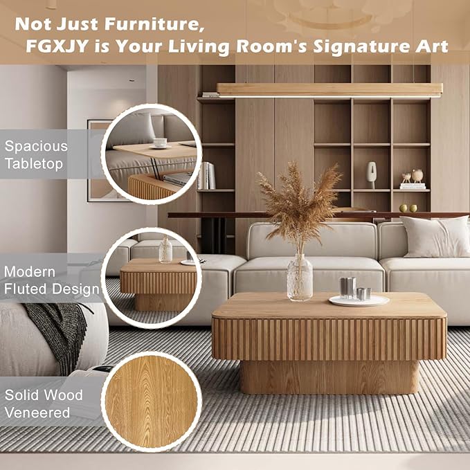 FGXJY Lift Coffee Table with Storage & Adjustable Height, Solid Wood Coffee Table Fluted Center Table Accent Tea Table or Living Room, Apartment, Office (38.6" Natural)
