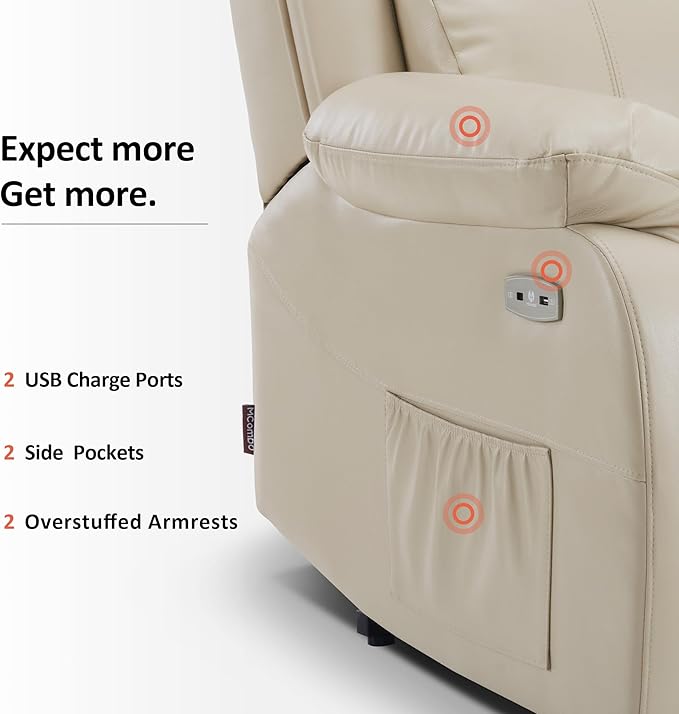 MCombo Small-Regular Power Lift Recliner Chair with Massage and Heat for Petite Elderly People, 3 Positions, 2 Side Pockets, USB Ports, Faux Leather 7408 (Beige, Small-Regular)