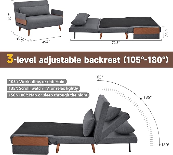 CITTANEO 2 Sets 45" Convertible Sleeper Chairs, 3-in-1 Chair Bed Sleeper for Adults with Adjustable Backrest, Pillows & Wooden Arms, 2 Piece Sofa Bed and Loveseat Sets for Living Room, Office, Gray