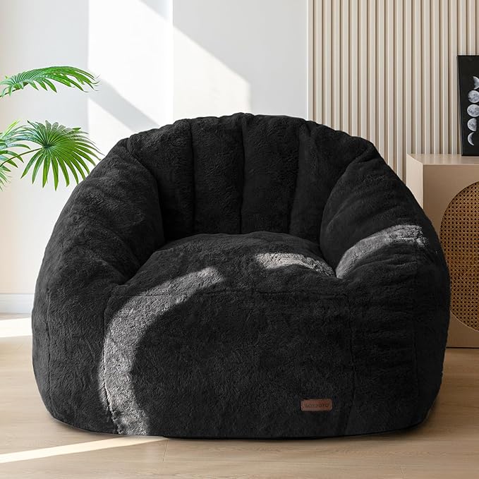 MAXYOYO Giant Bean Bag Chair, Oversized Bean Bag Couch for Adults and Kids, Faux Fur Shell-Shaped Large Chair with Filler, Stuffed Big Accent Sofa Lounge Floor Sofa for Gaming, Reading, Black