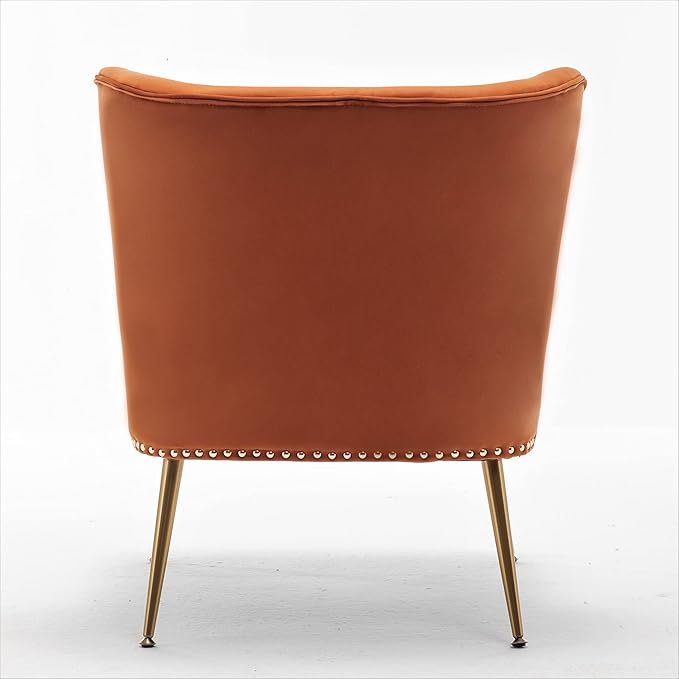 Container Furniture Direct Thia Armless Velvet Accent Chair for Living Room, Elegant Seat with Nailhead Trim, Gold Metal Legs and Comfortable Curved Back, 28" D x 25" W x 29.5" H, Orange Red