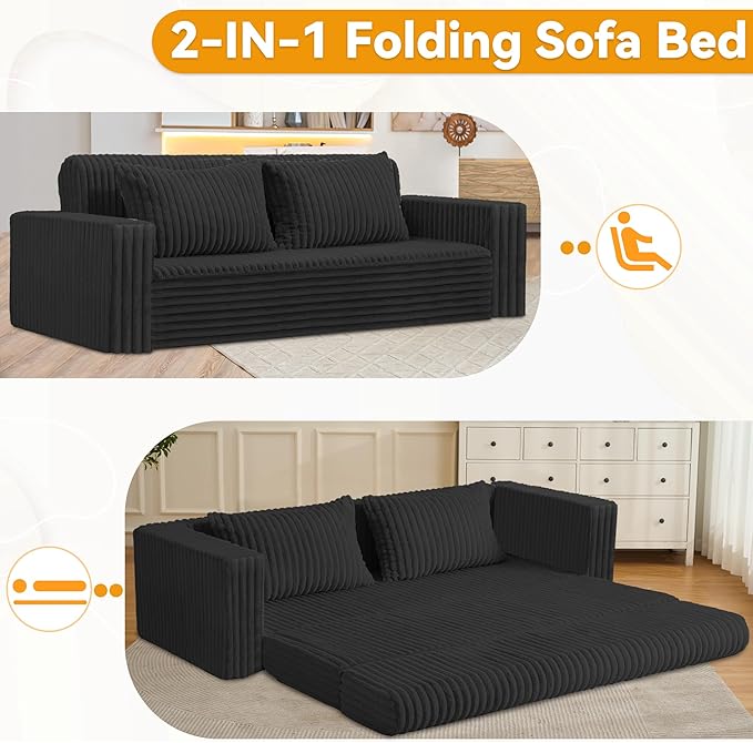 HABUTWAY Folding Sofa Bed, 2 in 1 Convertible Sleeper Chair with 2 Pillows, Portable Fold Out Chair Bed with Armrest, Comfy Floor Couch, Lazy Sofa for Living Room Bedroom Dorm Home Office, Black