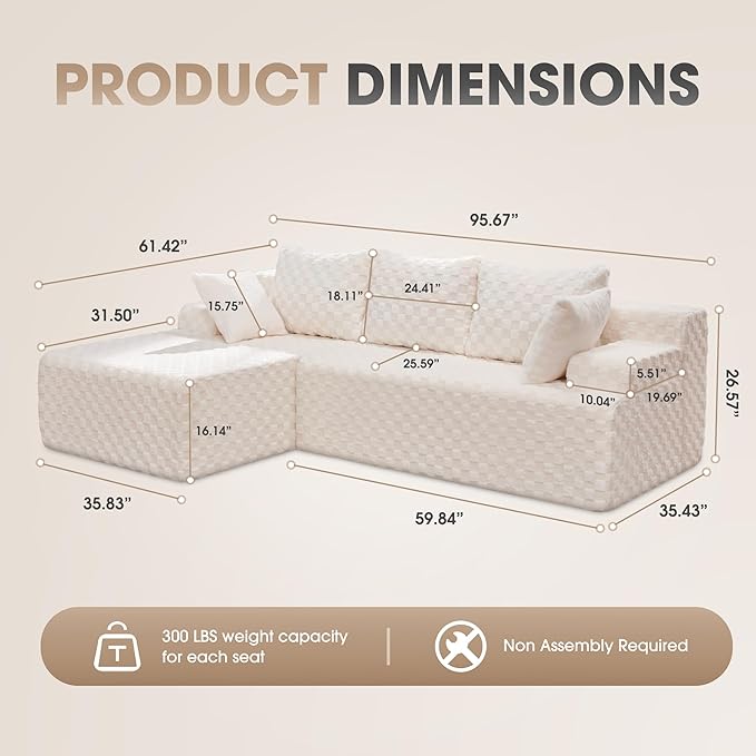 Modular Sectional Sofa Couches L-Shape Couch 3 Seat Modular Sofa Memory Foam Sectional Couches for Living Room, Cloud Couch with Oversized Chaise (White Check, 96" Left Facing Chaise)