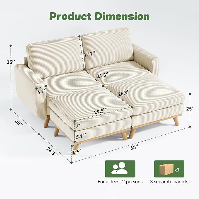 Vesgantti 68" Loveseat Sofa with Movable Ottoman, Comfy Corduroy Couch with Spring Cushion, Sofa Couch with Solid Wood, Modern Office Sofa with Deep Seat for Living Room and Bedroom, Beige