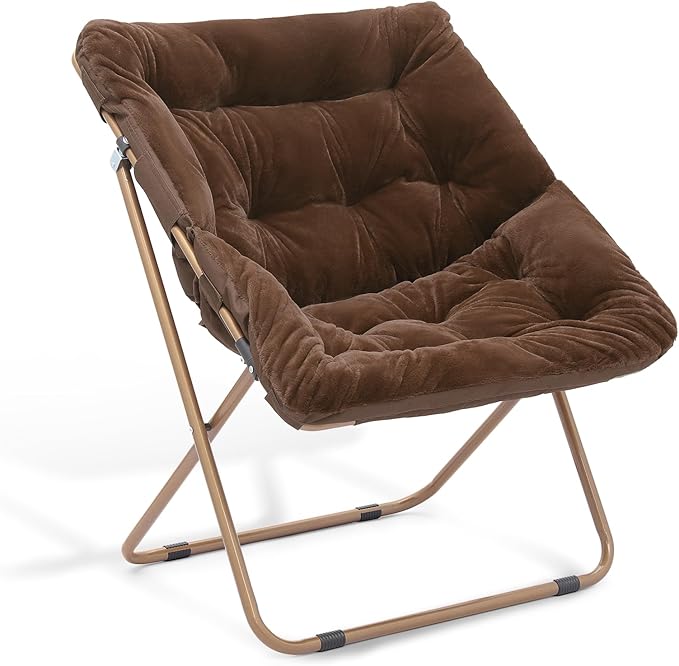 Athena Collection Saucer Chair for Adult, Square Comfy Cozy Chair Folding Chair Faux Fur Metal Frame Foldable Reading Chair Accent Chair for Bed Room Living Room, Brown