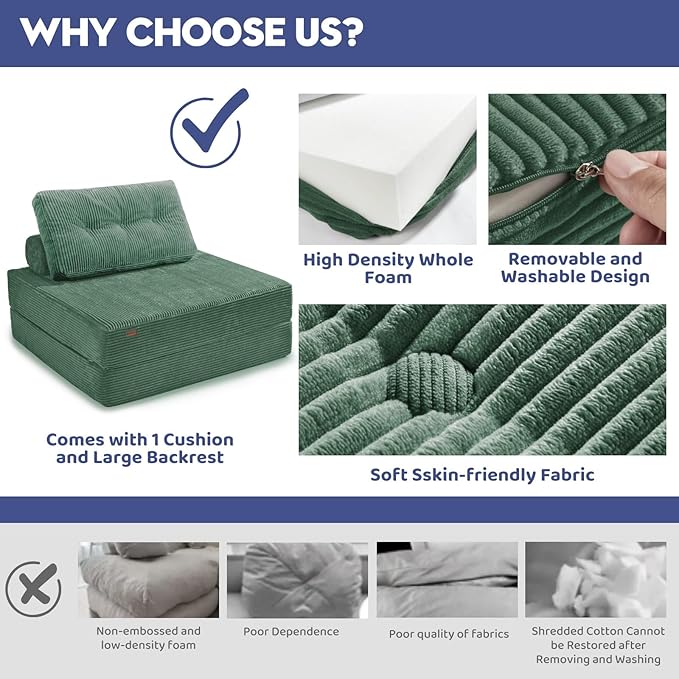 Upgraded Foldable Lazy Sofa Bed,Sofa Cama Barato Featuring a Large Backrest and Pillows,Chair Sleeper Bed for Living Room、 Bedroom 、Balcony 、Hotel、 Apartment,Twin Size,Emerald Green