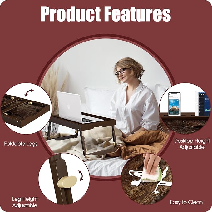 Bamboo Breakfast Tray with Telescopic Legs Tray with Foldable Legs and Removable Stand | Ergonomic Handle | Portable Bed Tray for Dining, Working, Laptop, Tablet and Phone