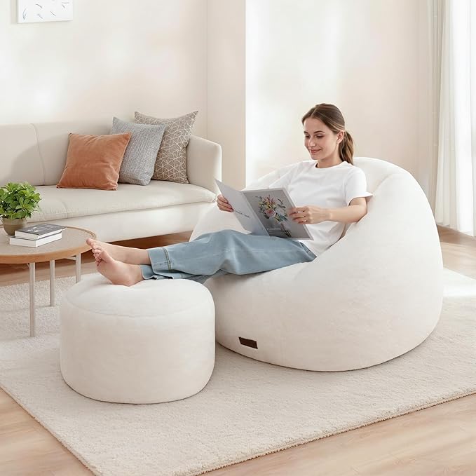 HABUTWAY Bean Bag Chair, Oversized Shell-Shaped Bean Bag Couch with Ottoman, Giant Beanbag Chair for Adults and Kids, Comfy Bean Bag Sofa & Footstool, Large Floor Sofa for Living Room Bedroom, Beige