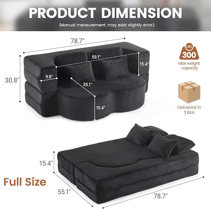 Orynveela Convertible Folding Sofa Bed, 78” Full Size Sleeper Loveseat, Chenille Full Foam Floor Couch for Living Room Bedroom, No Assembly Required (Black)