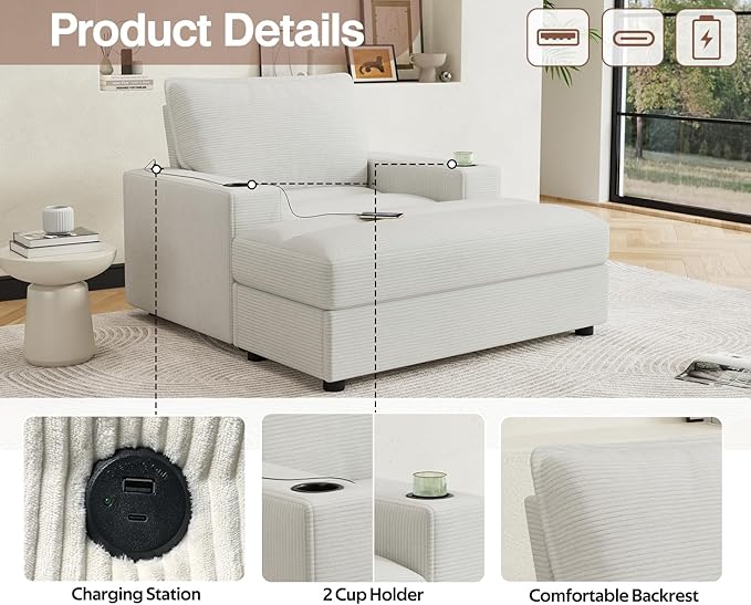 Merax 42.8" Oversized Chaise Lounge Chair with Storage Ottoman,Corduroy Sofa Bed with Cup Holders,USB Charging Port,Upholstered Sleeper Chair,Deep - Seat Reading Couch for Living Room,Bedroom,Beige