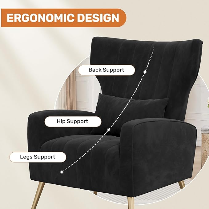 Nalupatio Modern Accent Chairs for Set of 2 Upholstered Velvet Fabric Reading Chair Mid Century Arm Chair Comfy Armchair for Living Room,Black