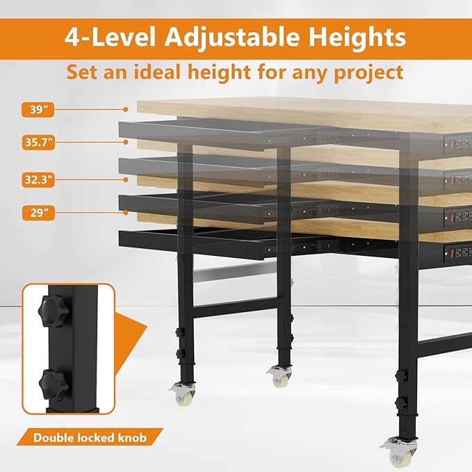 60" Heavy Duty Work Bench with Wheels, Adjustable Height Workbench with Drawers, 2000 LBS Capacity Work Table with Power Outlets for Garage, Workshop, Office, Home