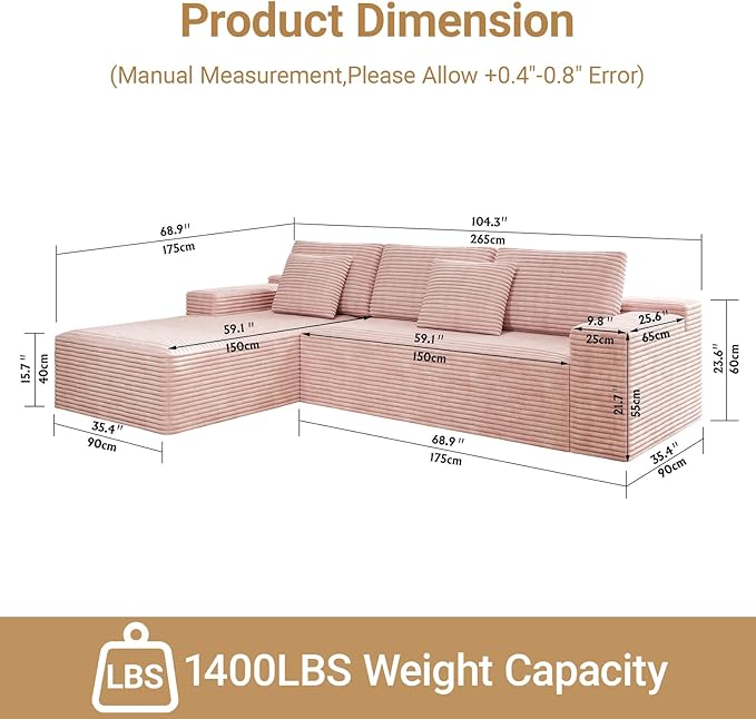 KAPEETOO Modular Sectional Sofa Cloud Couch for Living Room, L Shaped Boneless Couch with Chaise Longue, Oversize 3-Seater Sectional Sleeper Sofa Set with Deep Seat Bedroom (Left Chaise Pink)