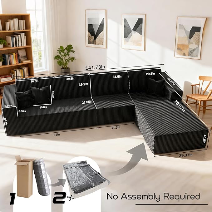 Komusou 142" Boneless Couch, Cloud Modular Sectional Sofa with L-Shape Chaise and Deep Seat, Modern Upholstered Couches for Living Room Bedroom No Assembly Required (Black, Right Facing Chaise)