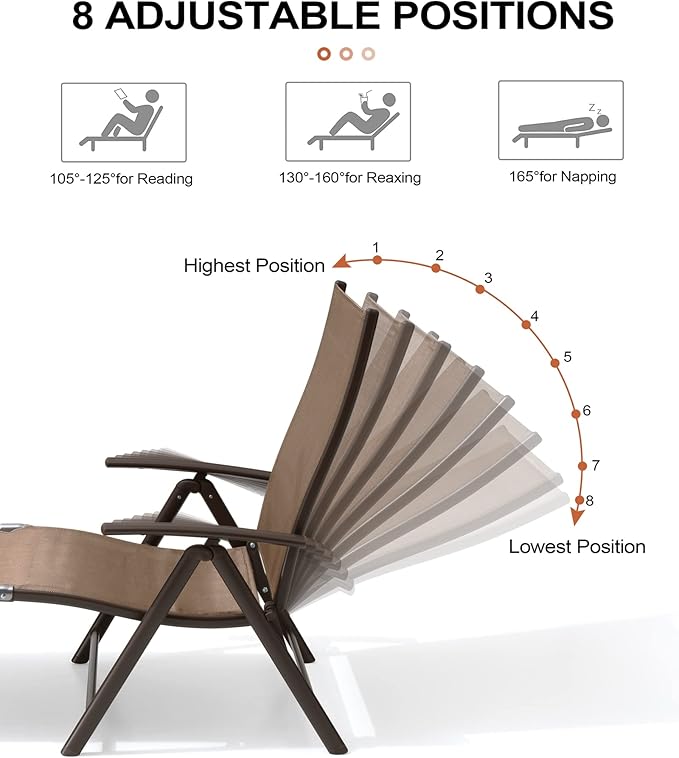 Crestlive Products 2PCS Chaise Lounge Chair Outdoor with 1PC Side Table, Aluminum Folding Patio Recliner Chair, Adjustable 8 Positions Assemble-Free
