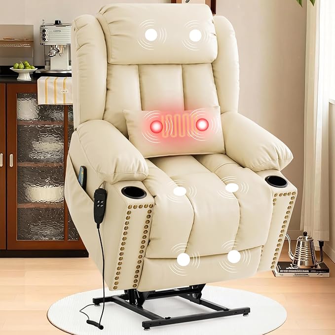 Oversized Power Lift Recliner Chair for Elderly Big and Tall, Dual Motor Heavy-Duty Lift Chair with Heat & Massage, Lay Flat Wide Recliner, USB-C, Cup Holders, Lumbar Pillow, PU Leather, Beige