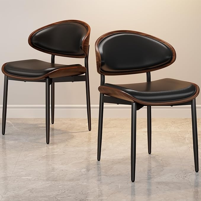 Dining Chairs Set of 2, Mid-Century Modern Upholstered PU Leather Chairs with Walnut Bentwood Back and Metal Legs Adjustable Feet for Kitchen Dining Room, Black PU
