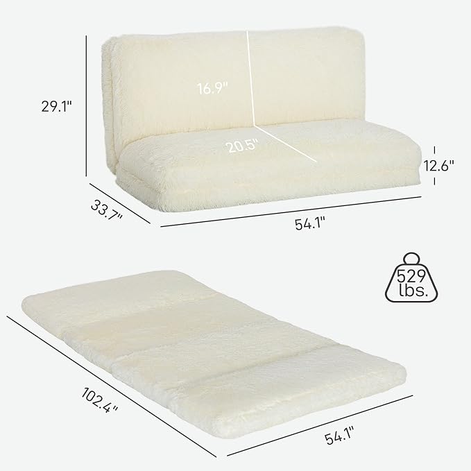 HOMCOM Bean Bag Chair Floor Sofa Bed for Adults, Thick Long Folding Sofa Bed 54 x102 in, Wall Couch Sleeper Chair Floor Mattress for Living Room, Cream White