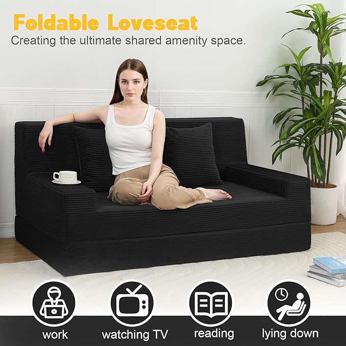 MeMoreCool Corduroy Folding Sofa Bed Queen – Convertible 2‑in‑1 Futon Couch | Foldable Foam Sleeper with Detachable Pillow, Machine‑Washable Cover & Space‑Saving Design for Living Room or Guest Room