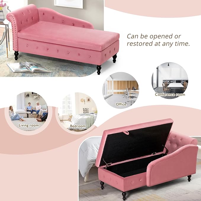 ACMEASE Upholstered Velvet Chaise Lounge with Left Armrest & Storage Space,Button Tufted Lounge Chair w/Lumbar Pillow,Modern Lounge Chair for Bedroom, Living Room and Office,Pink