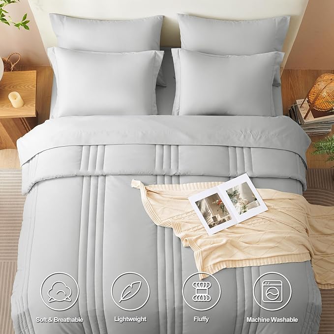 CozyLux Queen Comforter Set - 7 Pieces Bed in a Bag Light Grey Comforter Set with Sheets Luxury Bed Set All Seasons, Soft Bedding Set with Down Alternative Comforter, Sheets, Pillowcases & Shams