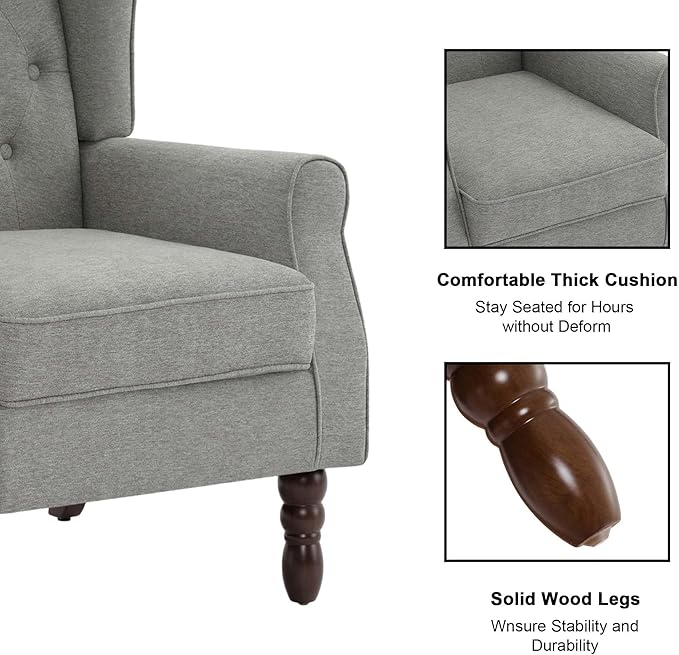 DREAMSIDEA Accent Chair, Upholstered Armchair with Button Tufted High Back & Solid Wood Legs, Comfy Wingback Reading Single Sofa Chair for Small Spaces, Living Room, Bedroom (Light Grey, Set of 2)