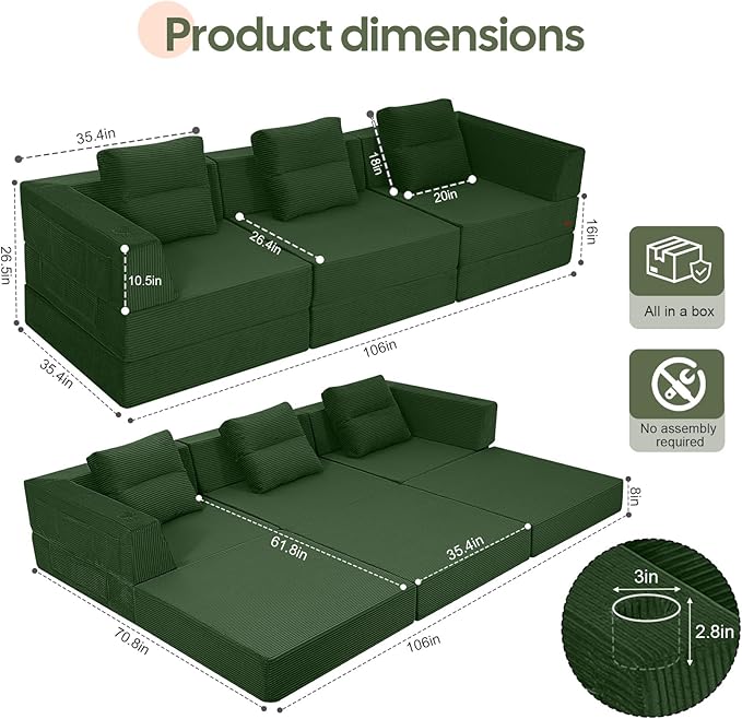COMAX Futon Sofa Bed 3 Seater, 106" Convertible Sofa Bed Couches for Living Room, 4 in 1 Folding Boneless Sleeper Corduroy Couch Foam in a Box, Comfy Foldable Lounge Fold Out Floor Mattress, Green