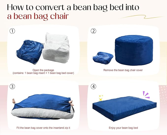 Hobestluk Giant Bean Bag Chair Bed for Adults, Large Bean Bags with High-Density Foam Filling, Convertible Big Sofa Bed Couch for Living Room, Bedroom, Playroom (Blue, Queen)