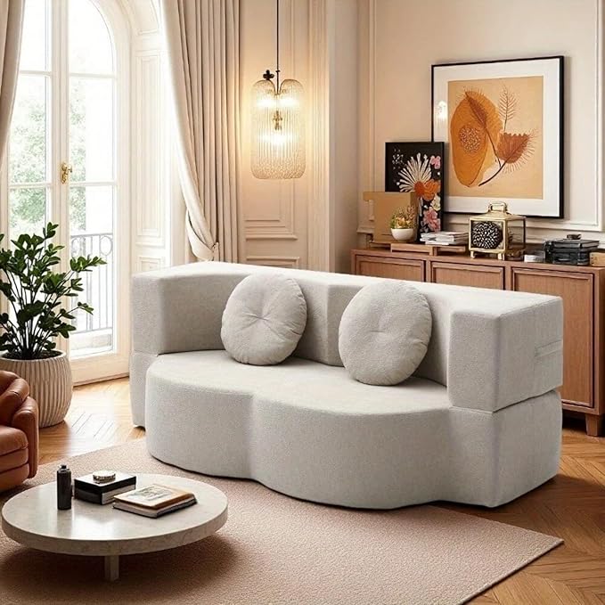 76" Convertible Folding Sofa Bed, 2-in-1 Twin Size Loveseat Sleeper Couch Bed with Two Pillows, Foldable Space-Saving | Design for Dorms Apartments Bedroom& Living Room,No Assemble(Khaki)