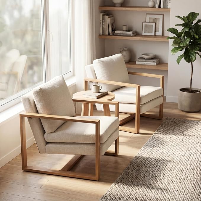 Modern Linen Accent Chair Set of 2 for Living Room Bedroom Mid Century Armchairs with Metal Frame, Upholstered Office Accent Chairs Comfy Waiting Room Chairs with Metal Frame, Beige
