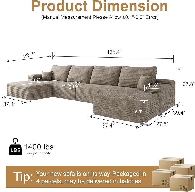 AUGOP 136" Sectional Couches for Living Room Modern Modular Sofa with L-Shape Couchs Upholstered Boneless Couch Deep Seat Sectional Couch with Chaise (Camel, Left Facing Chaise+3Seaters+Ottoman)
