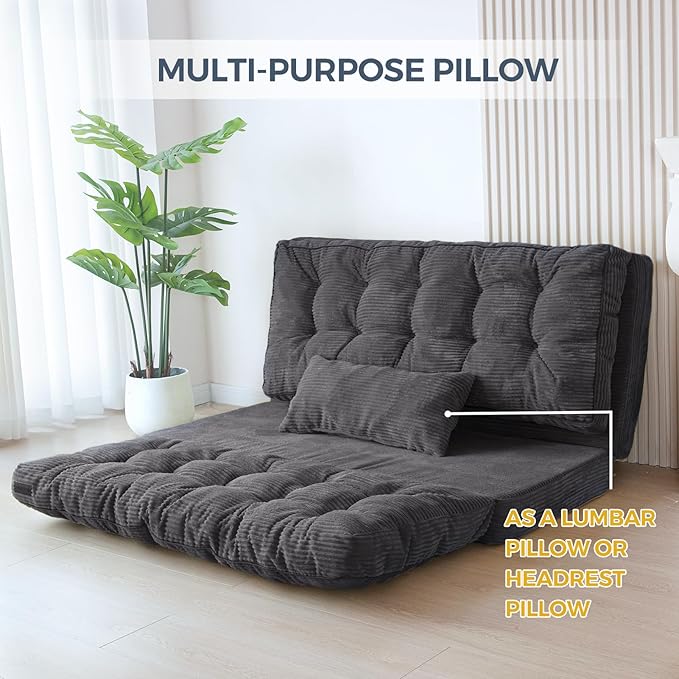 MAXYOYO Bean Bag Bed Tufted Folding Sofa With Pillows, Extra Thick and Long Floor Mattress for Adults, Twin Couch Bed for Bedroom Living Room, Dark Grey, 39x91 Inch