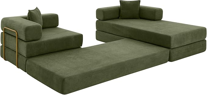 108" Convertible Sleeper Sofa Bed, Corduroy Folding Sofa Bed with Fixed-Shape Frame, Fold Out Floor Mattress Couch, Lazy Compression Sofas for Living Room, Bedroom, No Assembly Required,Green