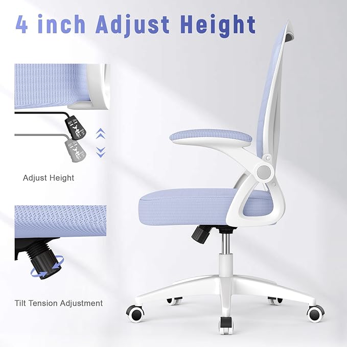 naspaluro Ergonomic Office Chair, Mid Back Desk Chair with Adjustable Height, Flip-Up Arms and Lumbar Support, Breathable Mesh Swivel Computer Chair for Home Study Working/Light Purple