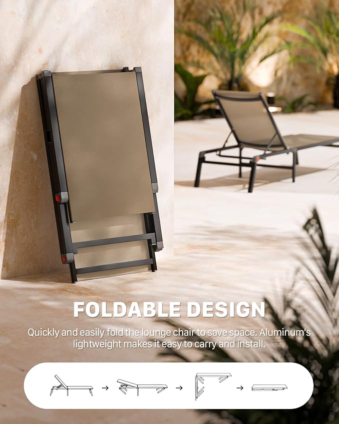 WOAJNQO Aluminum Patio Chaise Lounge Chair Set of 2 with Side Table,5-Position Adjustable Backrest,Foldable Lounge Chair Outdoor,Pool Lounge Chairs for Poolside,Lawn,Deck,Beach (Khaki, 2 Pack+Table)